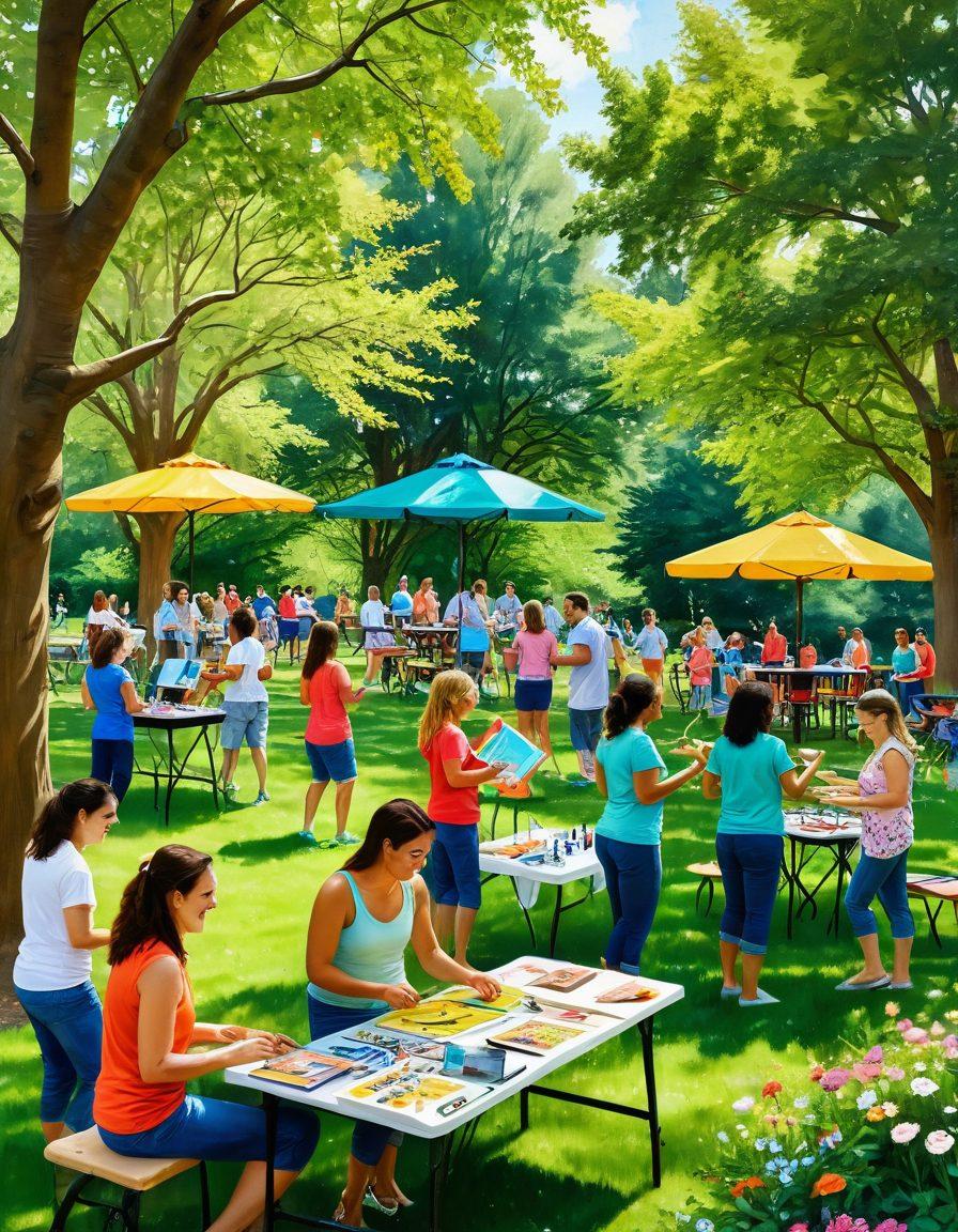 An inviting and vibrant scene showcasing a diverse group of adults engaging in various playful activities such as painting, dancing, and playing games in a colorful park setting. Include laughter and joyful expressions, surrounded by lush greenery, art supplies, and activity stations. Emphasize inclusivity and fun, capturing the essence of adult playfulness. colorful and dynamic illustration. vibrant colors. playful style.
