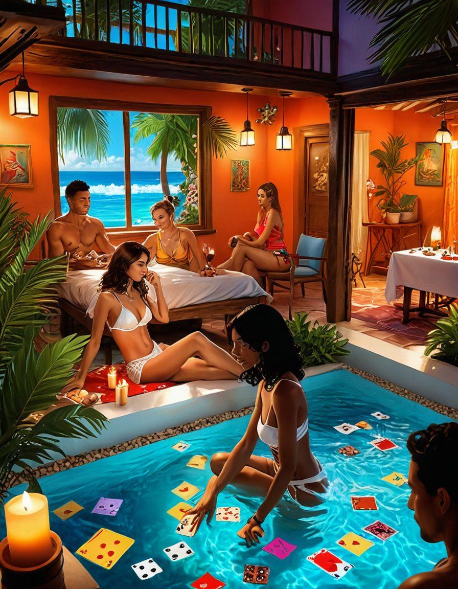 A collage showcasing various adult games: playful and mischievous characters engaging in flirtatious activities, vibrant colors highlighting a playful atmosphere, hints of exotic settings like tropical beaches and candle-lit rooms, intricate game elements like dice and cards scattered throughout, and a captivating backdrop that blends fantasy with reality. super-realistic. vibrant colors. 3D.